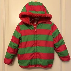 Hanna Andersson Pink/Green Striped Reversible Sherpa Jacket - Size 90 (VGUC)